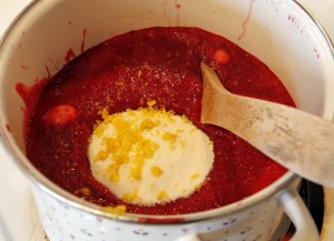 raspberry with blackberry jam being made with lemon zest
