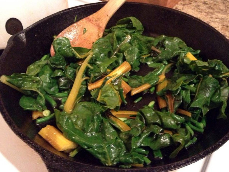 sauteed garlic scapes and swiss chard